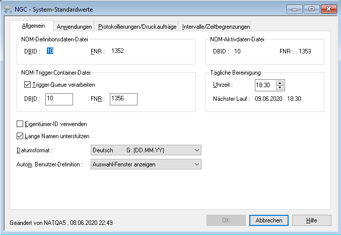 System-Standardwerte, Register "Allgemein"
