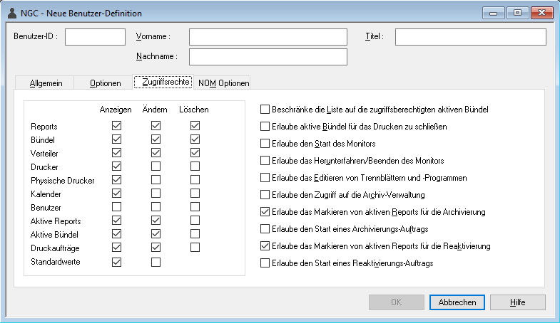 Definition des Benutzerprofils - Register "Zugriffsrechte"