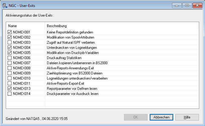 User-Exits, Aktivierungsstatus