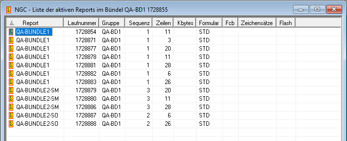 Liste der aktiven Reports im B&uuml;ndel