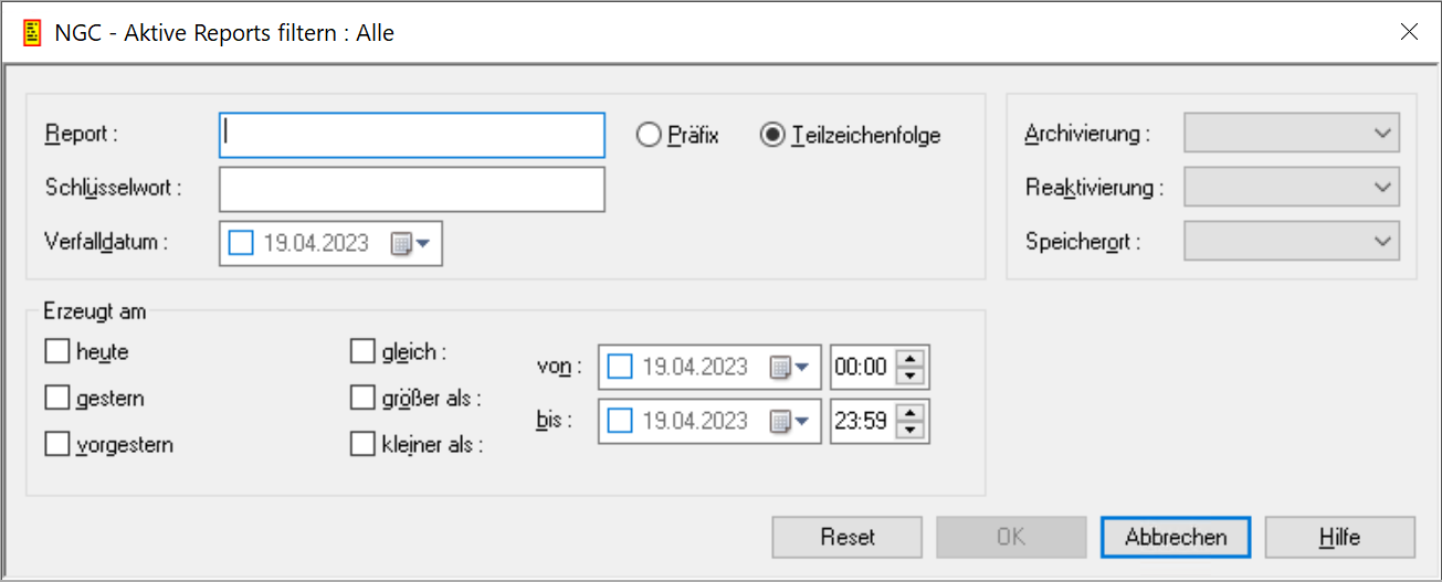 Aktive Reports filtern: Alle