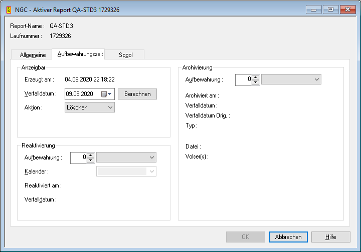 Aktiver Report, &auml;ndern, Aufbewahrungszeit