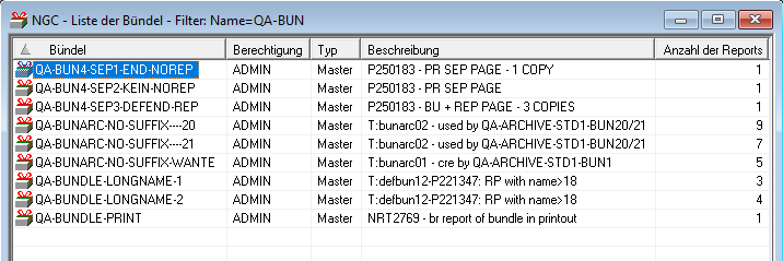 Liste der B&uuml;ndel mit Filter