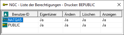 Liste der Berechtigungen - Drucker