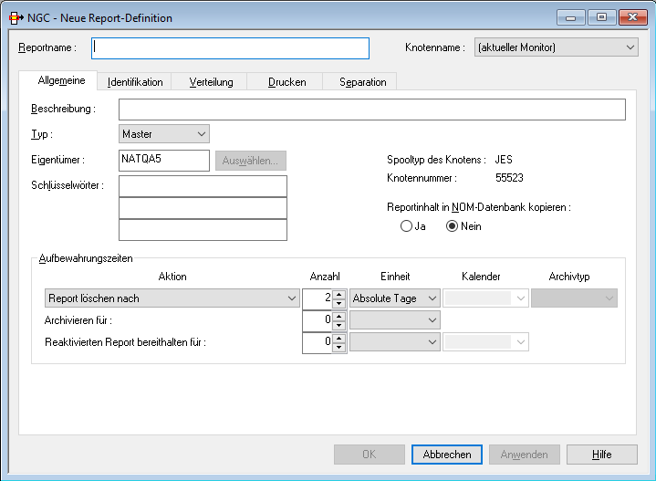 Neuer Report - Register Allgemeine Attribute