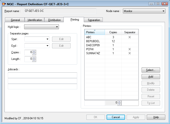 Report - Printing Attributes dialog