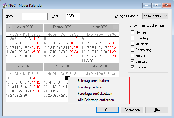 Neuer Kalender - Feiertage