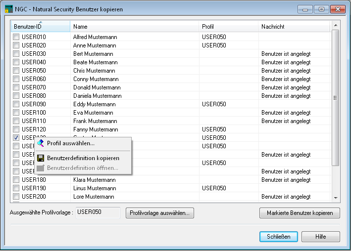 Benutzer kopieren, Profil ausw&auml;hlen