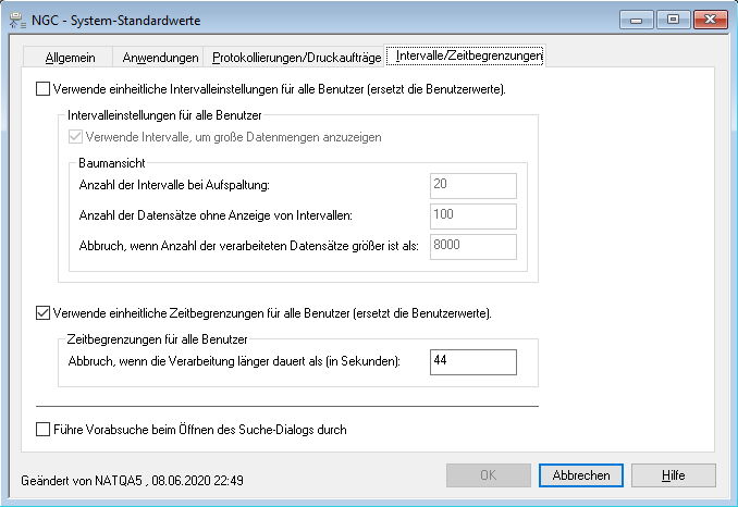 System-Standardwerte - Intervalle/Zeitbegrenzungen