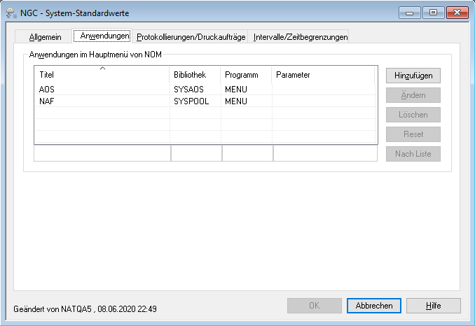 System-Standardwerte, Allgemein - Anwendungen