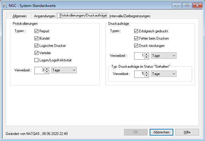 System-Standardwerte - Protokollierungen - Druckauftr&auml;ge 