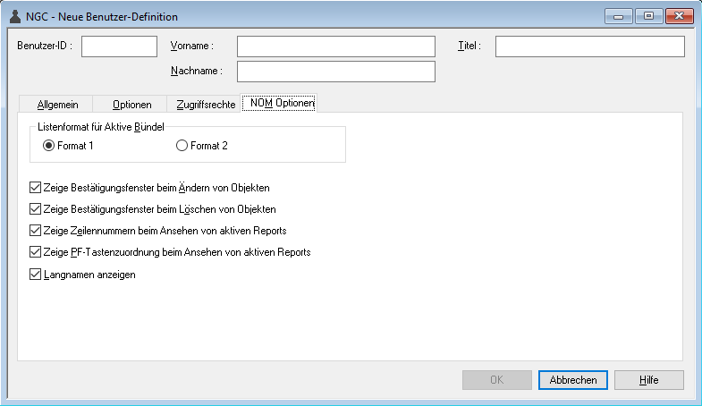 Definition des Benutzerprofils - Register "NOM Optionen"