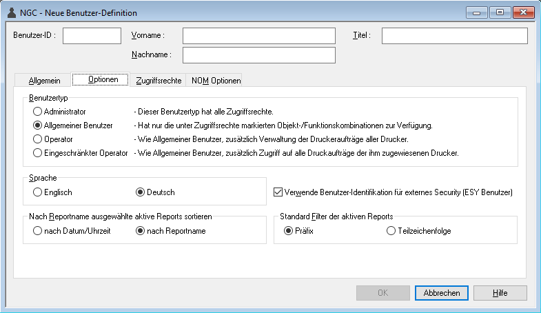 Definition des Benutzerprofils - Register "Optionen"