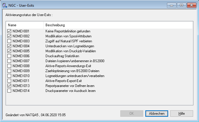 User-Exits, Aktivierungsstatus