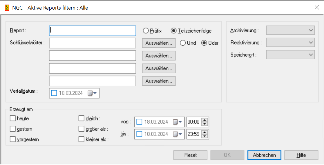 Aktive Reports filtern: Alle