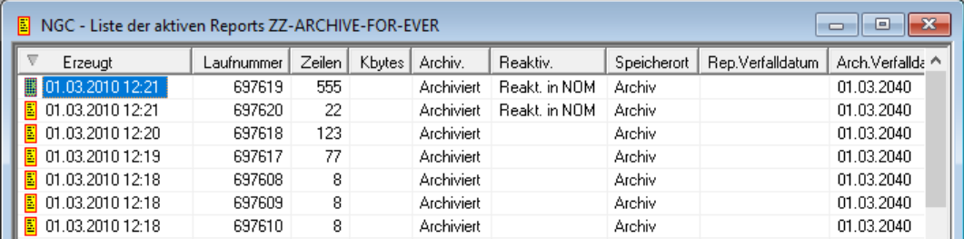 Liste der aktiven Reports