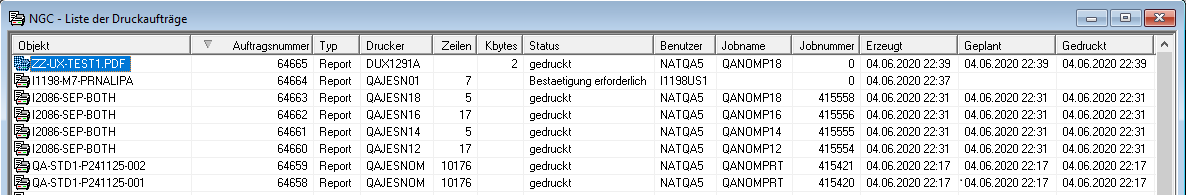Liste der Druckaufträge