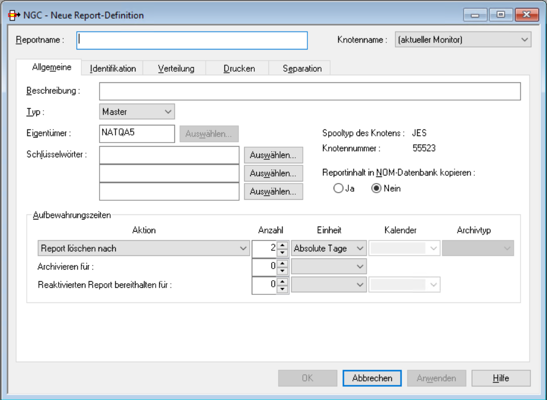 Neuer Report - Register Allgemeine Attribute