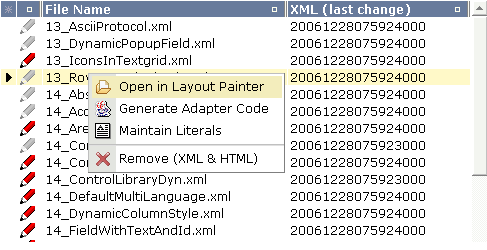 Example of a context menu with a text grid