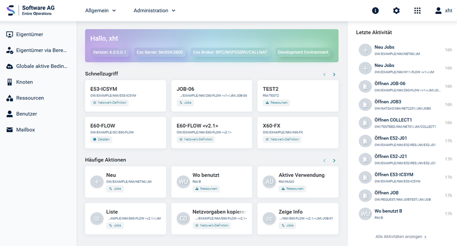 Entire Operations Web Interface-Startseite (Hauptmenü)
