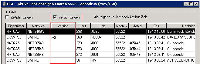 Aktive Jobs eines Knotens anzeigen, Version zeigen