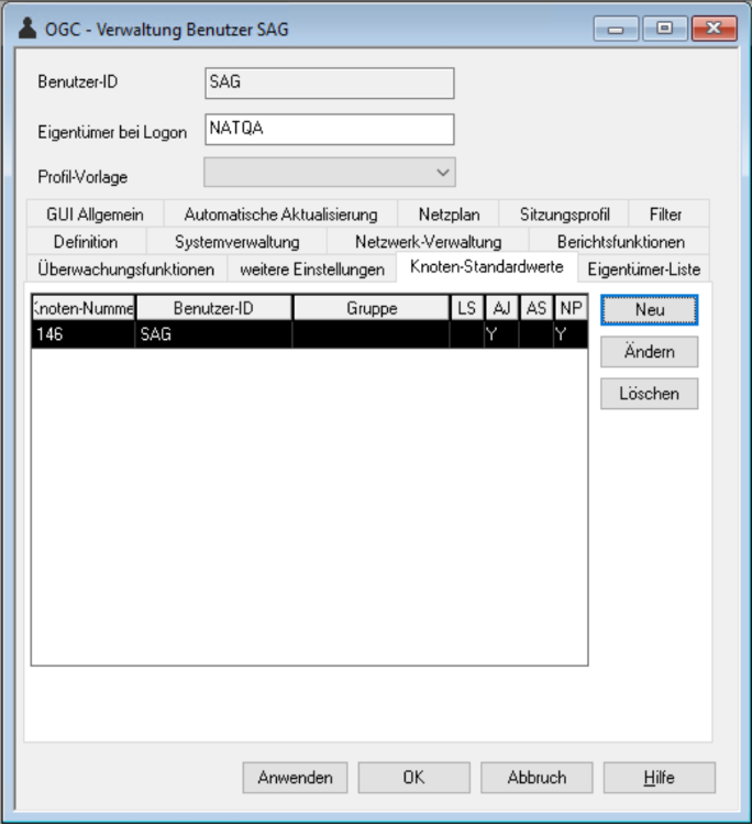 Knoten-Standardwerte