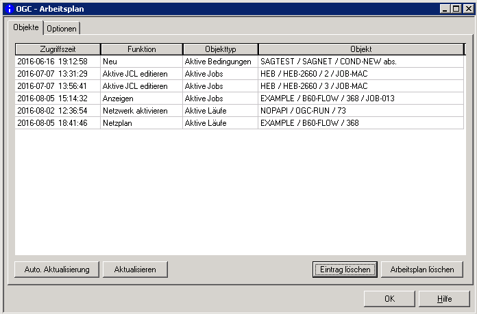 Arbeitsplan, Register Objekte