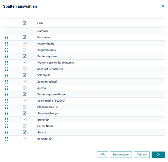 Spalten ausw&auml;hlen in Liste der Knoten