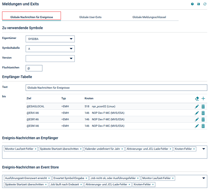 Meldungen und Exits - Register Globale Nachrichten f&uuml;r Ereignisse
