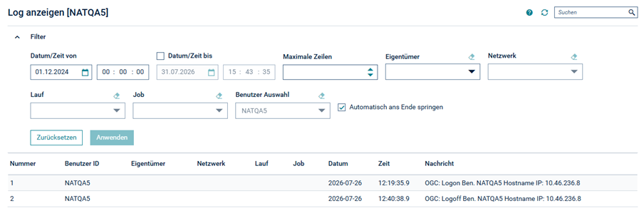 Auswahl Log-Anzeige Benutzer
