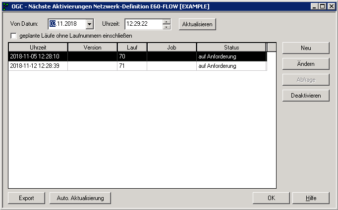 N&auml;chste Aktivierungen (netzwerkspezifisch)