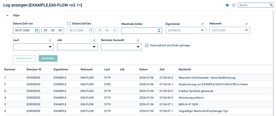 Auswahl Log-Anzeige Netzwerk