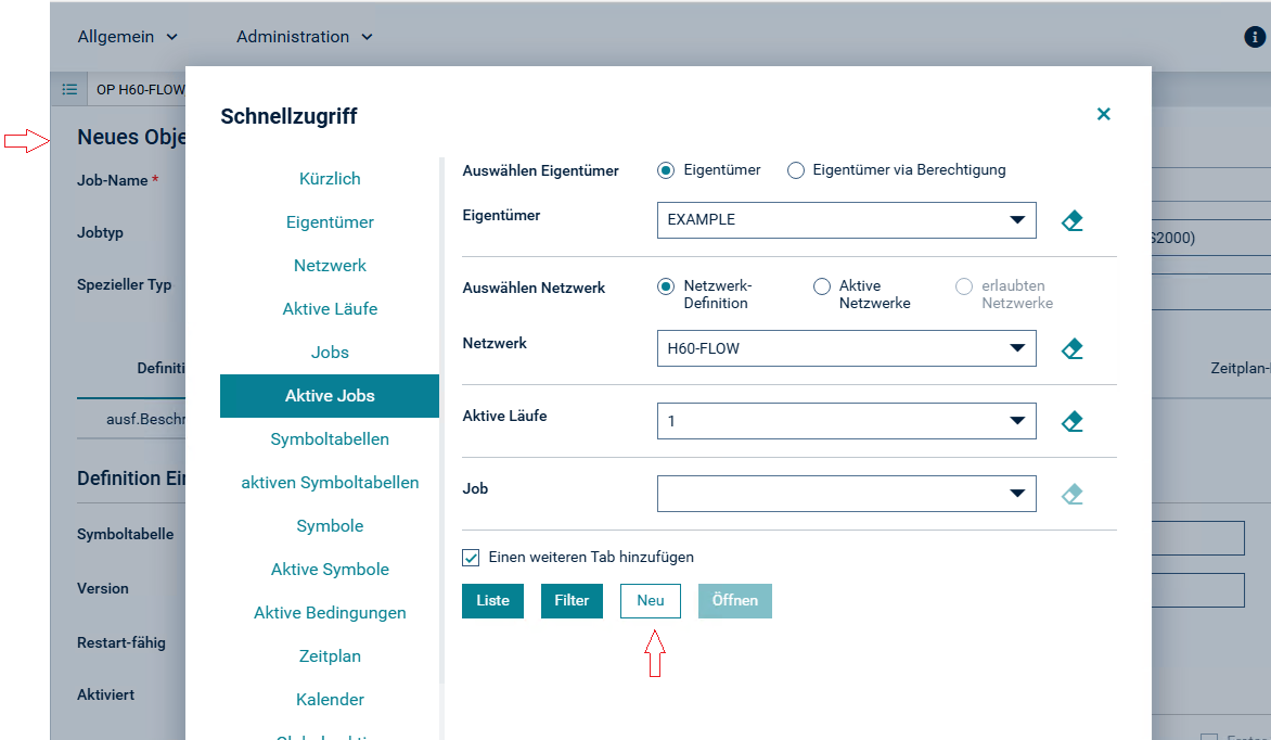 Beispiel f&uuml;r das Anlegen eines neuen aktiven Jobs