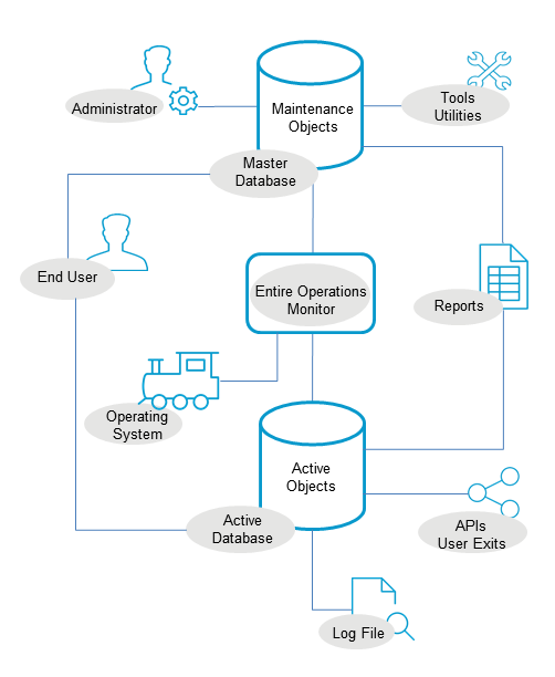 The components are administrators, maintenance objects, tools, utilities, end user, reports, log files, entire operations monitor, operating system, active database, APIs and user exits.