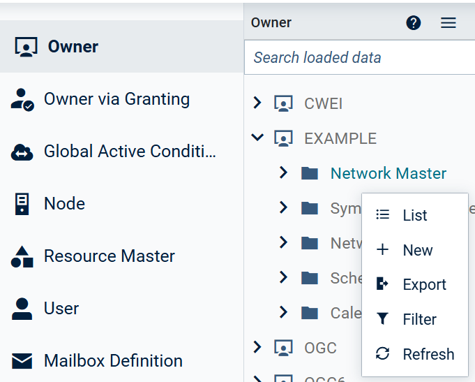 Context menu for networks of owner 