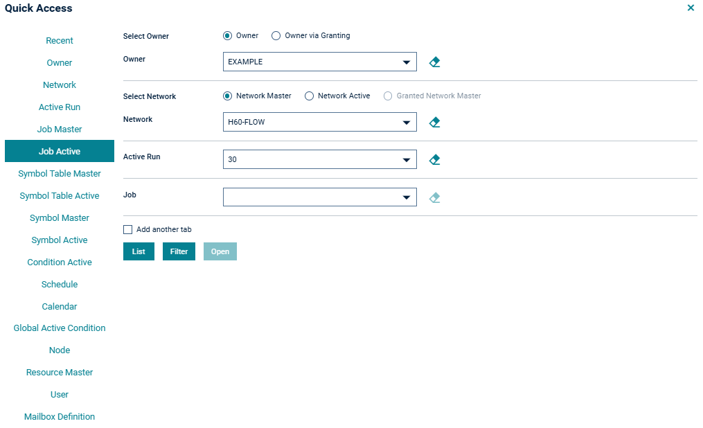 Sample dialog for creating of a new active job