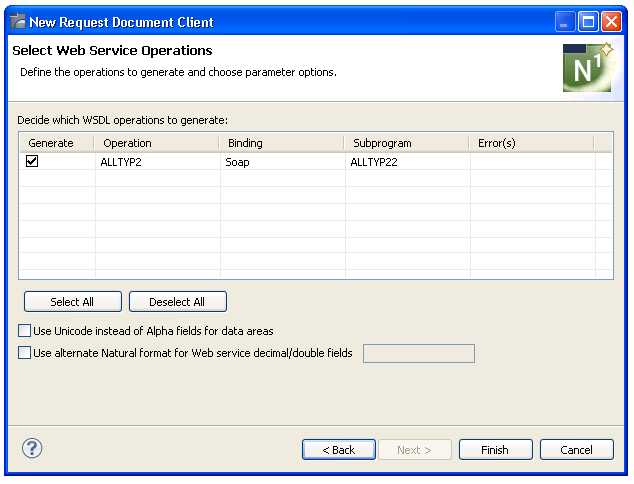 Screenshot: Select Web Services Operations Panel