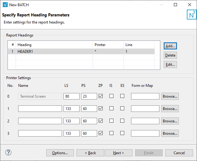 Panel: Specify Report Heading Parameters