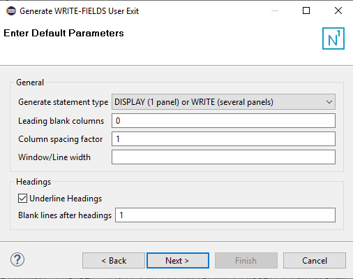 The Enter Default Parameters window which prompts you to specify the statement type, size, and spacing of the report.
