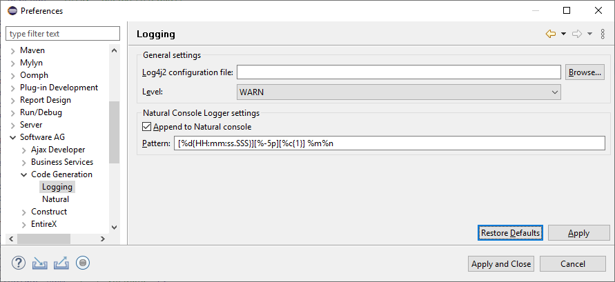 logging preferences with log4j 2