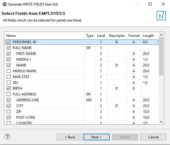 The Select Fields window which prompts you to tick which fields to add to your write-fields code.