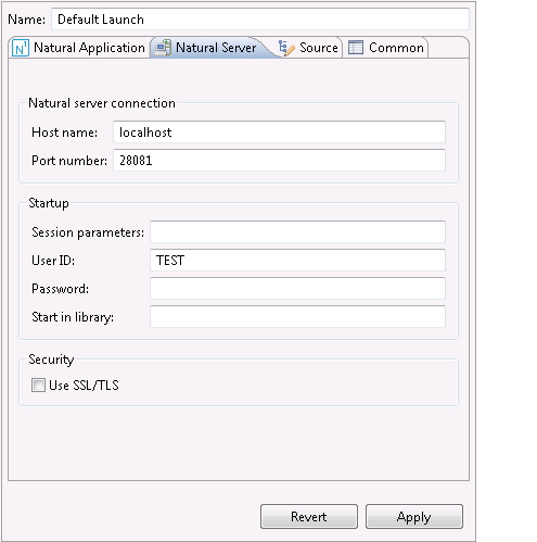 The Natural Server tab of the Default Launch configuration populated with           Hostname: localhost, Port number:28081, and User ID: TEST  when launching the Natural application