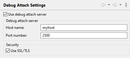 Debug attach settings inlude the Use debug attach checkbox, host name, port number, and Use SSL/TLS checkbox