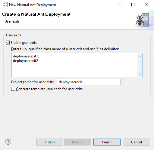 Wizard page: Defining user exits
