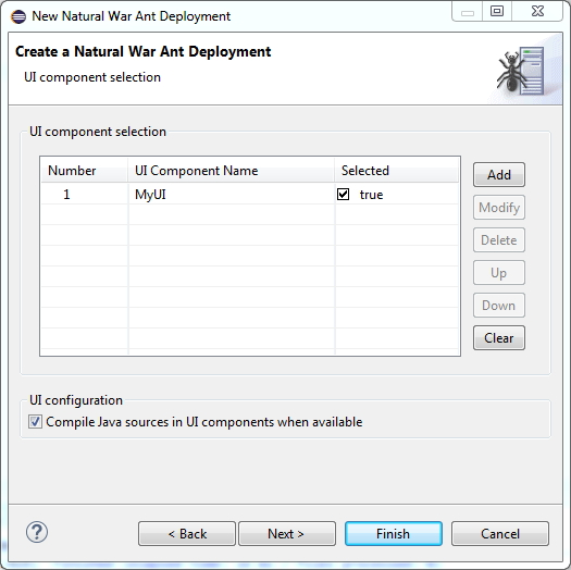 Deploy UI component selection