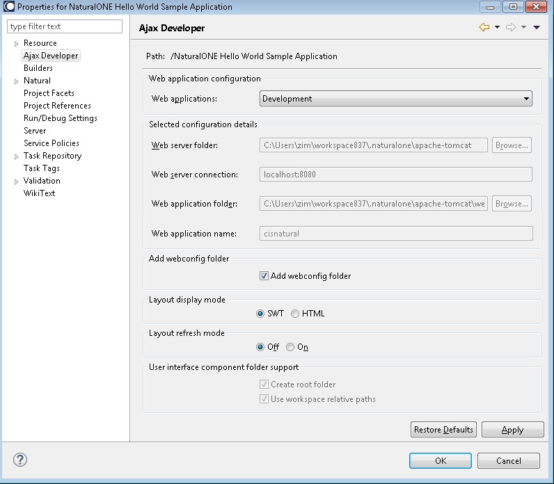 Properties for NaturalOne Ajax Developer