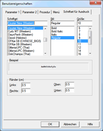 Benutzereigenschaften - Schriftart f&uuml;r Ausdruck