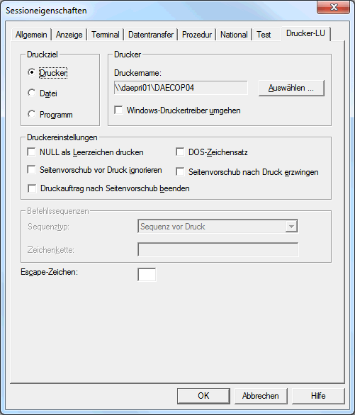 Session-Eigenschaften - Drucker-LU