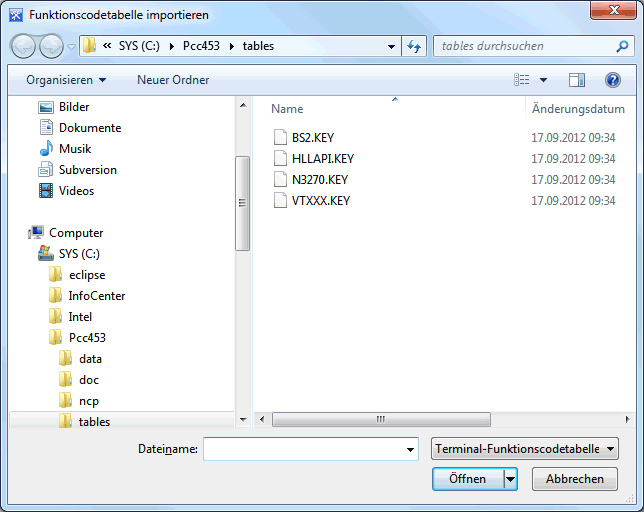 Terminal-Funktionscodetabelle importieren