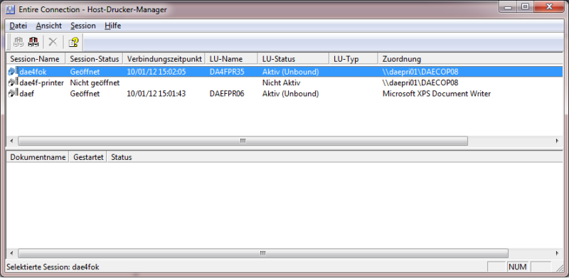 Anwendungsfenster des Host-Drucker-Managers